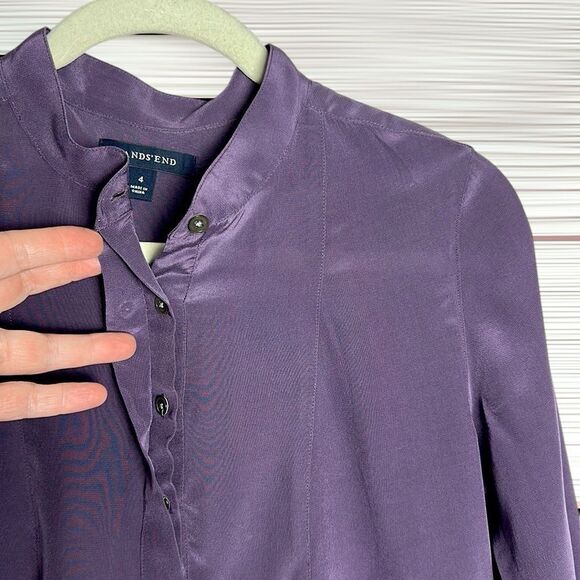 Land’s End Washable Silk Blouse Tunic Top Purple Long Sleeve Mandarin Collar US4 - Picture 4 of 13